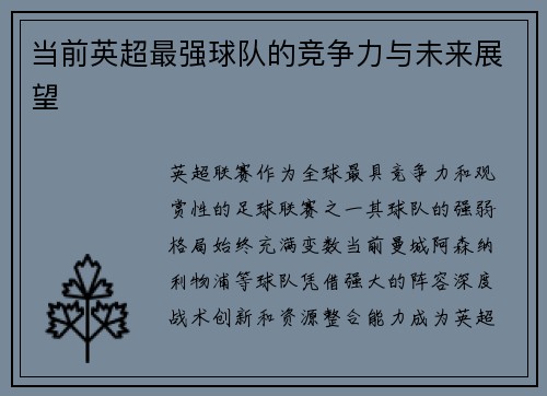 当前英超最强球队的竞争力与未来展望